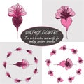 Vintage vector isolated hand drawn pink and purple flowers. Set of two painterly floral art brushes and two motifs ready Royalty Free Stock Photo