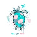 Sea turtle vintage vector label, t-shirt prtint