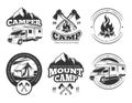 Vintage vector labels set with camper near mountain, tent and firtrees. Monochrome camping logo elements