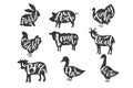 Vintage vector labels with silhouettes of farm animals with lettering. Rabbit, pork, turkey, chicken, lamb, goat, beef