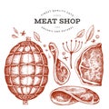 Vintage vector meat illustration. Hand drawn ham, ham slices, spices and herbs. Raw food ingredients. Retro sketch. Can be use for Royalty Free Stock Photo