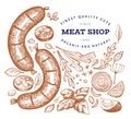 Vintage vector meat illustration. Hand drawn sausages, spices and herbs. Food ingredients. Retro sketch. Can be use for label, Royalty Free Stock Photo