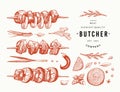 Vintage vector meat illustration. Hand drawn shish kebabs, spices and herbs. Barbecue set. Retro sketch. Can be use for label,