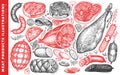 Vintage vector meat products illustration set. Hand drawn ham, sausages, jamon, meat steak, spices and herbs. Meat food