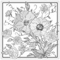 Vintage monochrome floral design. Illustration with red Poppies and roses, summer flowers. Floral design.