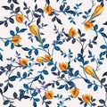 Vintage vector seamless floral pattern with blue leaves and flowers