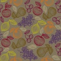 Vintage vector seamless fruit pattern in engraving style. Retro pattern with colorful fruits in retro style