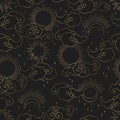 Vintage vector seamless pattern with gold abstract sun, moon, stars and clouds isolated on black background. Mystical and Royalty Free Stock Photo