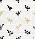 Vintage vector seamless pattern. linocut style with birds and geometrical ornament.