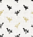 Vintage vector seamless pattern. linocut style with birds and geometrical ornament. Royalty Free Stock Photo