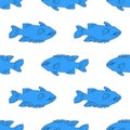 Vector seamless pattern of tropical marine fish, black outline and blue color on a white background. hand-drawn aquarium Royalty Free Stock Photo