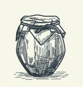 Vintage vector sketch of a butter churn with cloth cover and tied with jute rope