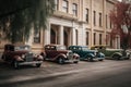 vintage vehicle collection parked in front of classic building for historical photo