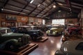 vintage vehicle museum, with classic cars and trucks on display for visitors to admire