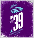 Vintage vehicle vector tee-shirt logo isolated on purple background.