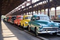 vintage vehicles of different colors in a row on the platform