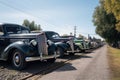 vintage vehicles from different eras lined up in a row, each with its own unique personality