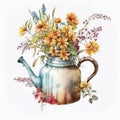 Vintage Vibes: Rusty Metal Teapot Filled with Delicate Watercolor Spring Blooms Royalty Free Stock Photo