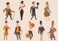 Vintage victorian cartoon gents retro people vector. Style fashion old people victorian gentleman clothing antique