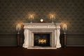 Vintage Victorian fireplace with carriage clock and candles on the mantlepiece and fire buring in the grate. 3D illustration Royalty Free Stock Photo