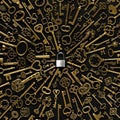 Vintage victorian style golden skeleton keys with centered around a silver lock. Concepts of unlocking potential, keys to success Royalty Free Stock Photo