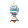 Vintage victorian vivid striped air hot balloon. Flying ornamented childish aerostat with flag basket ballast. Airship Royalty Free Stock Photo