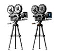 Vintage video projector. Retro movie camera on tripod isolated on white background. Vector illustration Royalty Free Stock Photo