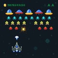 Vintage video space arcade game vector pixel design with spaceship shooting bullets and aliens Royalty Free Stock Photo