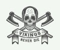 Vintage vikings motivational logo, emblem, badge in retro style