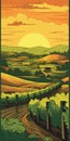 Vintage Vineyard Sunset Portrait Illustration