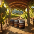 Vintage vineyard wine barrel industry with wine grape field nature outdoor Graphic Art