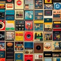 1818 Vintage Vinyl Collection: A retro and music-themed background featuring a collection of vintage vinyl records, record sleev