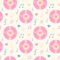 Vintage vinyl record, music notes and hearts seamless pattern. Pastel wrapping paper or fabric template. Royalty Free Stock Photo