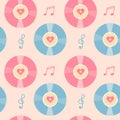 Vintage vinyl record, music notes and hearts seamless pattern. Royalty Free Stock Photo