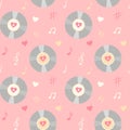 Vintage vinyl record, music notes and hearts seamless pattern. Royalty Free Stock Photo