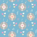 Vintage vinyl record, music notes and hearts seamless pattern. Royalty Free Stock Photo