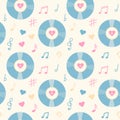 Vintage vinyl record, music notes and hearts seamless pattern. Royalty Free Stock Photo