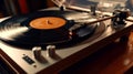 Vintage vinyl record player playing sound. Generative AI