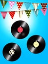 Vintage vinyl records and bunting over sunny sky