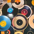 722 Vintage Vinyl Records: A retro and nostalgic background featuring vintage vinyl records in faded and retro colors that evoke Royalty Free Stock Photo