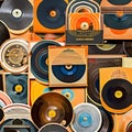 722 Vintage Vinyl Records: A retro and nostalgic background featuring vintage vinyl records in faded and retro colors that evoke Royalty Free Stock Photo