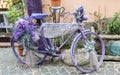 Vintage violet bicycle with flowers and laces Royalty Free Stock Photo