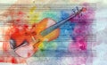 Vintage violin background. Melody concept. Old music sheet in colorful watercolor paint and violin. Abstract colorful watercolor b Royalty Free Stock Photo