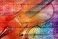 Vintage violin background. Melody concept. Old music sheet in colorful watercolor paint and violin. Abstract colorful watercolor b Royalty Free Stock Photo