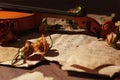 Vintage violin, dried flowers and rare torn sheet music on wooden background closeup