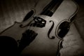 Vintage violin on the sheet music. Royalty Free Stock Photo