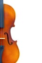 Close up of the side view of a wooden violin on white background