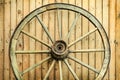 Vintage wagon wheel in front of a barn