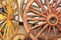 Vintage wagon wheels on display