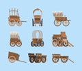 Vintage wagon. Wooden old carriage big wheels wild west ancient transport with horse garish vector pictures of western Royalty Free Stock Photo